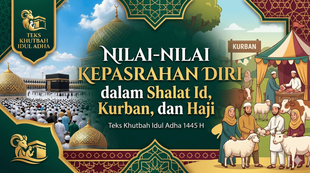 Teks khutbah Idul Adha, Khutbah Idul Adha terbaru, Nilai kepasrahan Idul Adha, Makna kurban dan haji, Filosofi menyampaikan diri kepada Allah, Keteladanan Nabi Ibrahim, Keteladanan Nabi Ismail, Hikmah ibadah haji, Pesan moral shalat Idul Adha, Ibadah kurban sebagai ketaatan, Khutbah Idul Adha 1445 H, Naskah khutbah singkat.